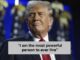 Smirking man in suit, American flags, quote
