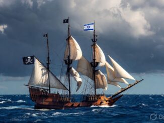 Wooden sailing ship with pirate and Israeli flags