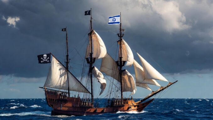 Wooden sailing ship with pirate and Israeli flags Wooden sailing ship with pirate and Israeli flags