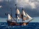 Wooden sailing ship with pirate and Israeli flags
