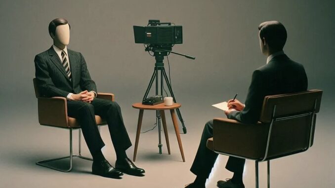 Two faceless figures in staged interview setting Two faceless figures in staged interview setting