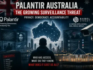 Silhouette before Australia map and surveillance camera