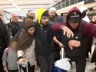 Group moving through crowded airport terminal