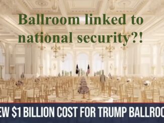 Grand ballroom interior with political headline