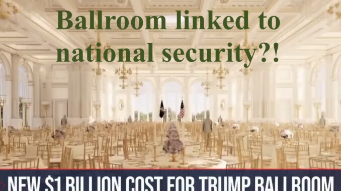 Grand ballroom interior with political headline