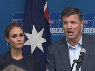 Two people speaking at press conference with flag