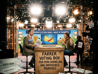 Television studio debate with satirical voting box