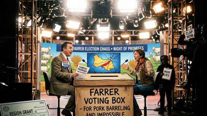 Television studio debate with satirical voting box Television studio debate with satirical voting box