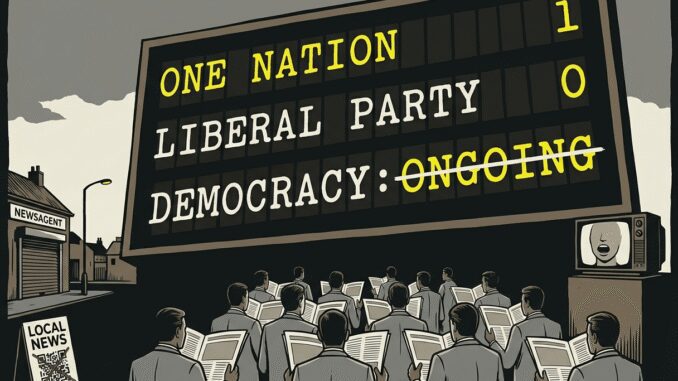 Crowd watches scoreboard declaring democracy ongoing Crowd watches scoreboard declaring democracy ongoing