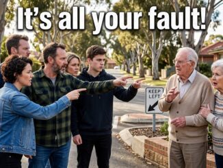 Family angrily blaming elderly couple near street