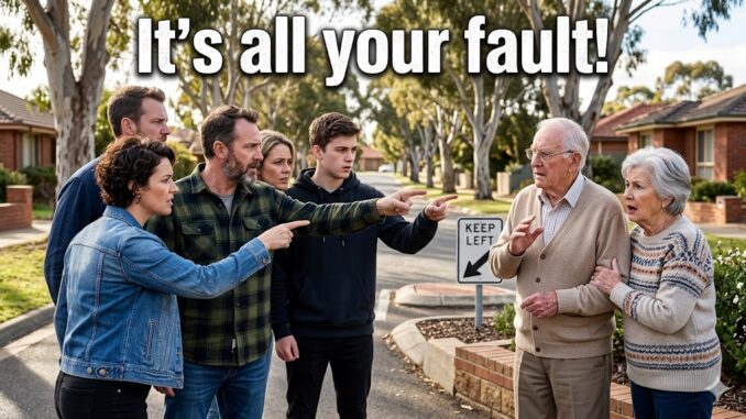 Family angrily blaming elderly couple near street