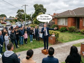 House auctioneer addressing crowd outside home
