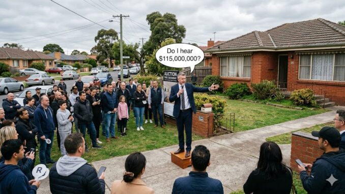 House auctioneer addressing crowd outside home House auctioneer addressing crowd outside home