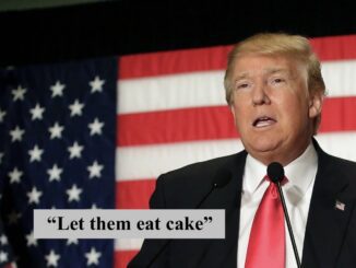 Man speaking, American flag, "Let them eat cake