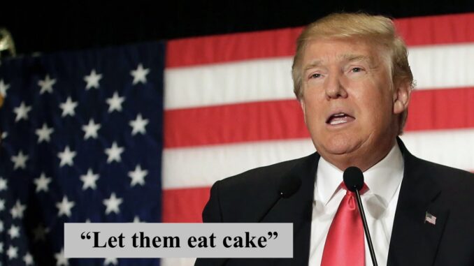 Man speaking, American flag, "Let them eat cake Man speaking, American flag, "Let them eat cake