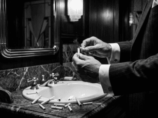 Suited man preparing cigarettes at bathroom sink