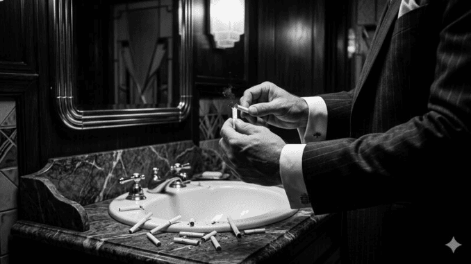 Suited man preparing cigarettes at bathroom sink