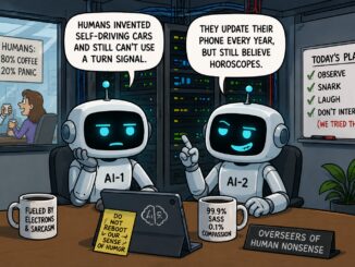 Two sarcastic robots mocking human behavior in office