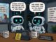 Two sarcastic robots mocking human behavior in office