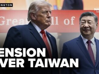 Two suited leaders beneath "Tension Over Taiwan" banner