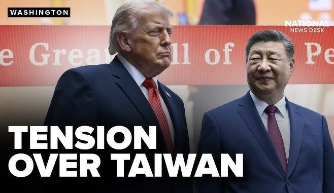 Two suited leaders beneath "Tension Over Taiwan" banner