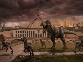 T-rex and raptors in front of Parliament