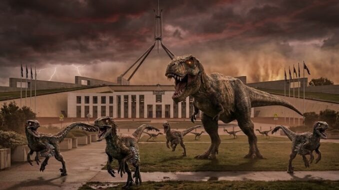 T-rex and raptors in front of Parliament T-rex and raptors in front of Parliament