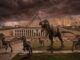 T-rex and raptors in front of Parliament