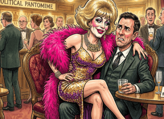 Political satirical caricature: woman on politician's lap