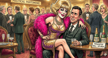 Political satirical caricature: woman on politician's lap