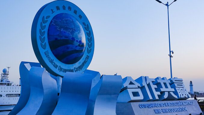 Blue maritime cooperation monument at seaport