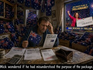 Man surrounded by Australian flags and unpaid bills