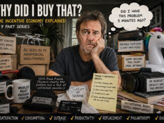 Man surrounded by regrettable impulse purchases