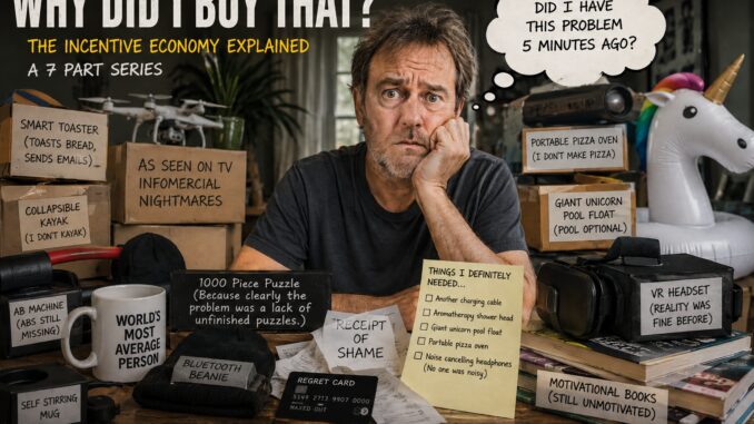 Man surrounded by regrettable impulse purchases Man surrounded by regrettable impulse purchases