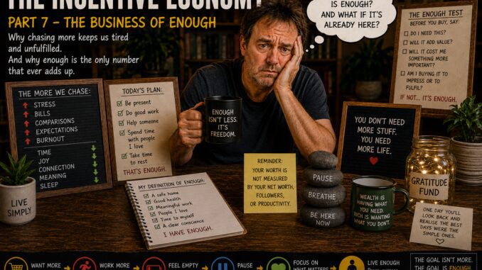 Tired man holding "Enough" mug at desk Tired man holding "Enough" mug at desk
