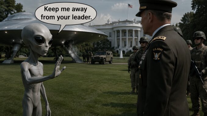Alien gesturing to soldiers on White House lawn