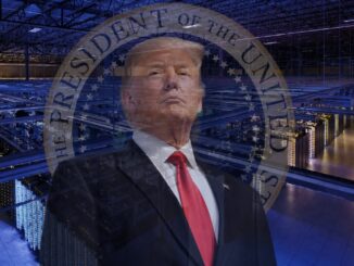 Man in suit with presidential seal, server room