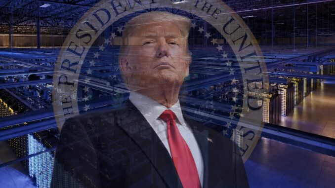 Man in suit with presidential seal, server room