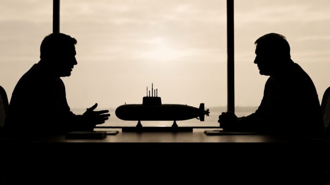 Two silhouetted men with model submarine