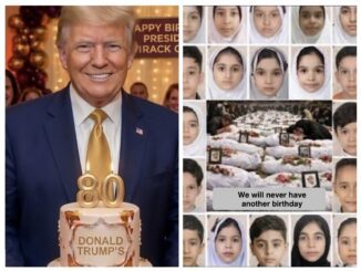 Smiling man with cake beside children's photo collage