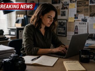 Journalist typing on laptop in cluttered newsroom