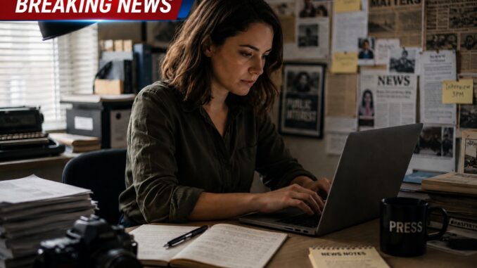 Journalist typing on laptop in cluttered newsroom