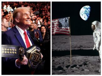 Man with championship belts beside moon landing