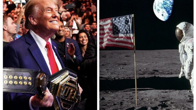 Man with championship belts beside moon landing