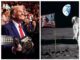 Man with championship belts beside moon landing