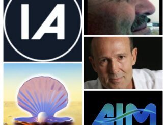Collage of logos, male portraits, and pearl