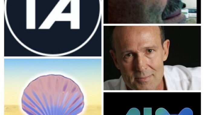 Collage of logos, male portraits, and pearl