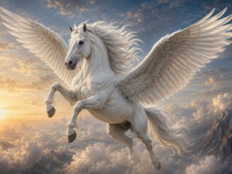 White Pegasus flying above clouds at sunrise