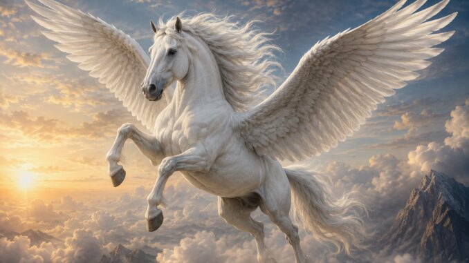 White Pegasus flying above clouds at sunrise