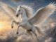 White Pegasus flying above clouds at sunrise